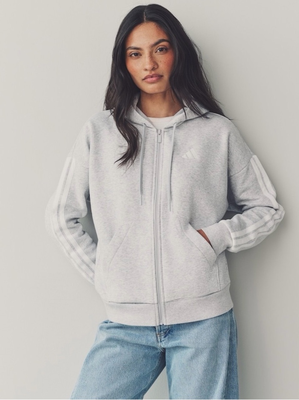NWOT Adidas Essentials 3-Stripes Full Zip Fleece Hoodie, Gray, Size S